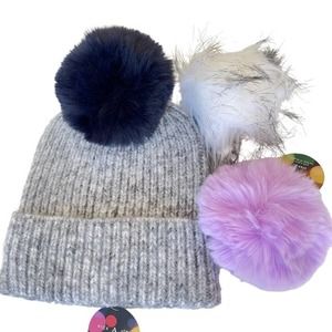 Anthropologie Pick A Pom Beanie Stocking Hat Grey 3 Poms Blue Purple Faux Fur